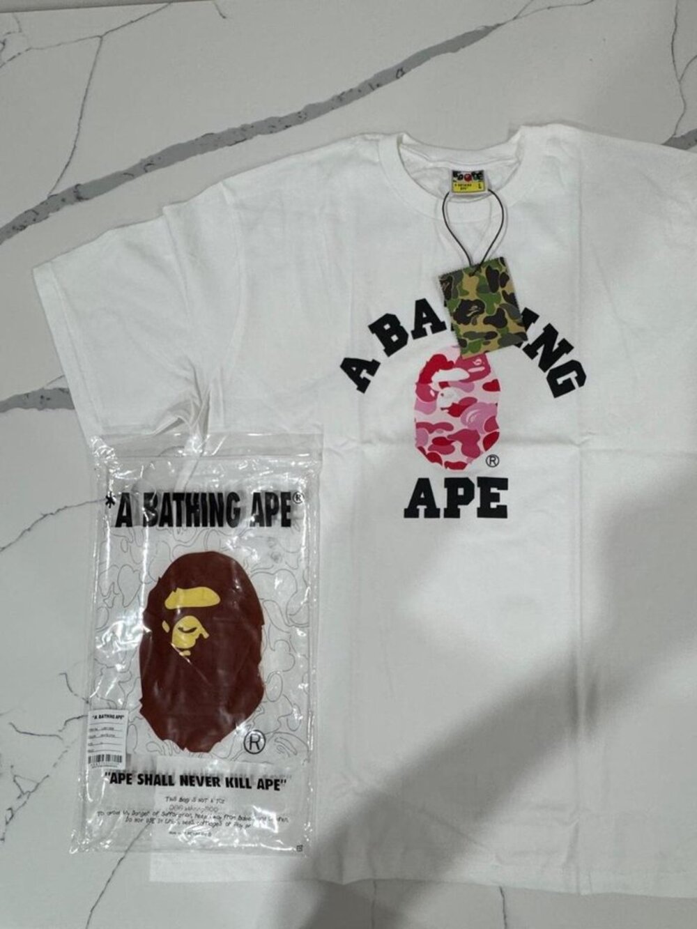 BAPE ABC Camo College Tee White / Pink - Size L - NWT + Bag